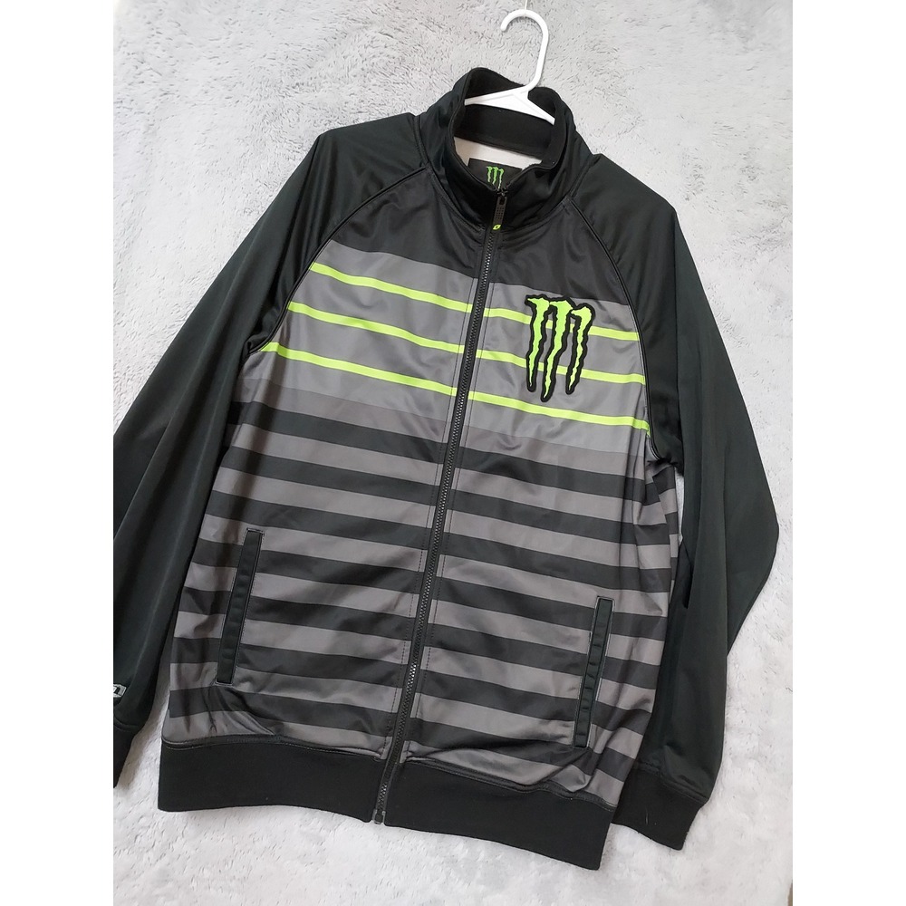 Monster Energy Jacket Mens Large Full Zip Track Activewear Striped Black Racing